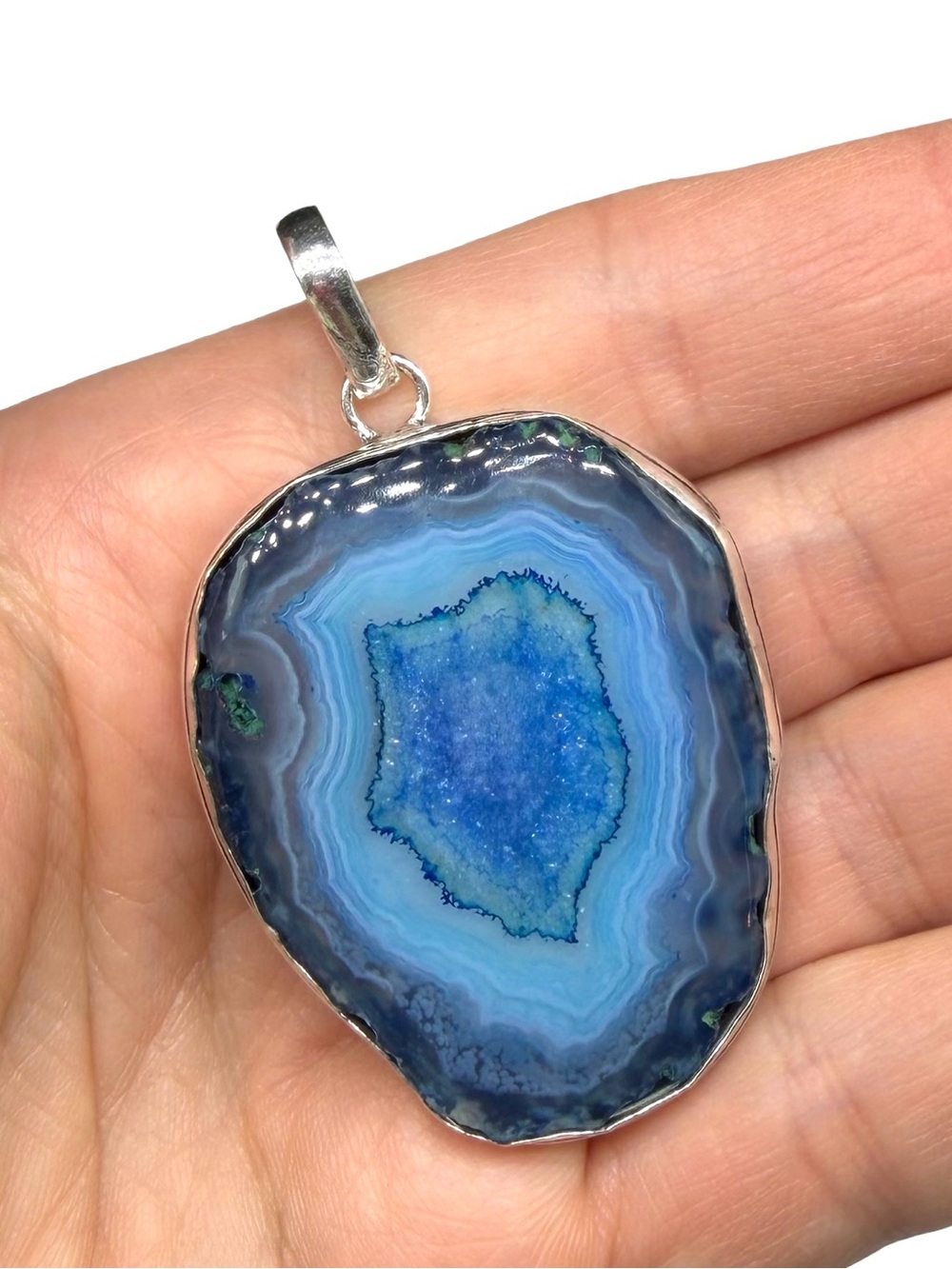 Blue Botswana Agate Necklace Pendant 925 Sterling Silver Overlay